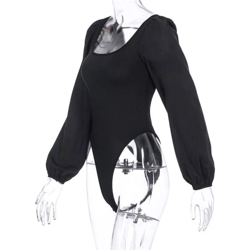 Fahsion Women Sexy Long Puff Sleeve Bandage Bodysuit One-piece Clubwear Backless Lace-up Leotard Square Neck Jumpsuit Rompers
