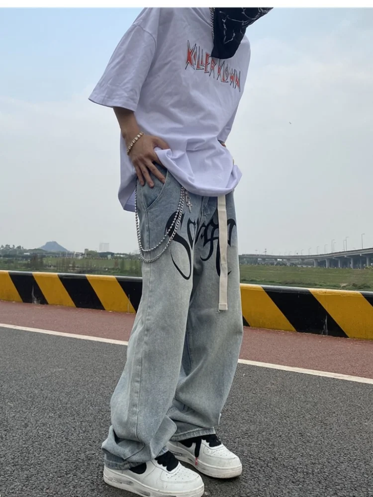 ICCLEK American Street Jeans Hip Hop Letter Jeans Printed Belt Jeans Retro Loose Wide Leg Pants Biker Jeans  Skinny Jeans