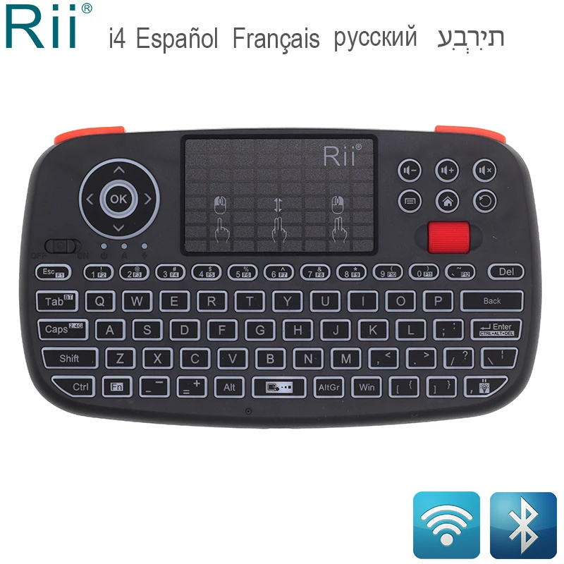 Rii RT726(i4) мини Bluetooth клавиатура русская французская еврейская, испанская 2,4 ГГц воздушная мышь с тачпадом для Android tv Box Mini PC