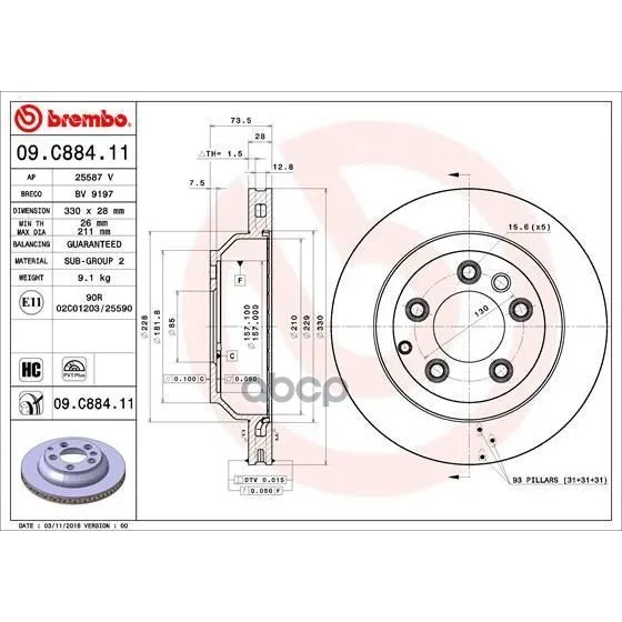 Диск Тормозной Задний Audi: Q7 06-, Porsche: Cayenne 02-, Vw: Touareg 02-10 Brembo арт. 09.C884.11