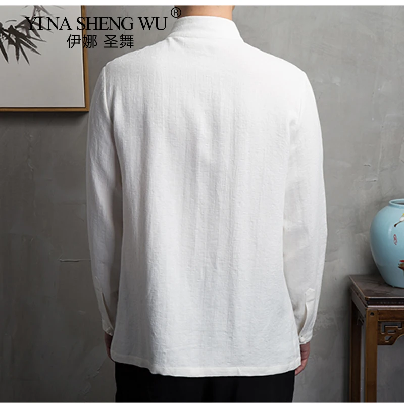 Mens Chinese Style Cotton Linen Long Sleeve Shirt Men Casual Clothing Retro Tang Suit Stand Up Collar Top Plus Size Clothes Male
