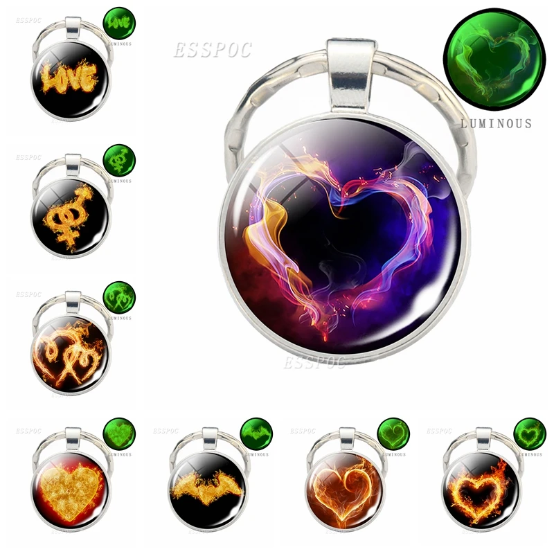 

Fashion Jewelry Fire Heart Keychain Heart Pattern Glass Cabochon Luminous Keyring Car Key Holder for Boyfriend Girldriend Gifts