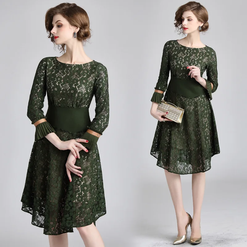 

Photo Shoot 2019 Spring And Summer New Style Mid-length Crew Neck Slimming A- line Skirt Lace Europe And America Dress