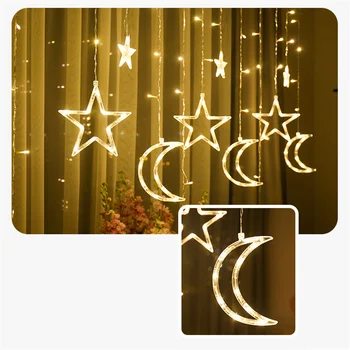 

LED Moon Star Curtain Light Fairy-Like Light Window Shows Warm White Romantic Decoration In Room