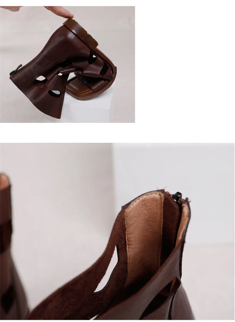 Original 2020 Summer New Women's Sandals Genuine Leather Fashion Retro Flats Bottom Hollow Hole Ladies Gladiator Sandals Shoes (13)