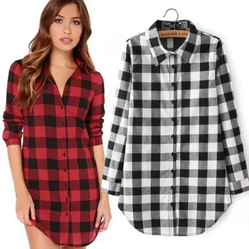 

Casual Plaid Shirt Womens tops New Full Sleeve Women shirts Red Black 0263