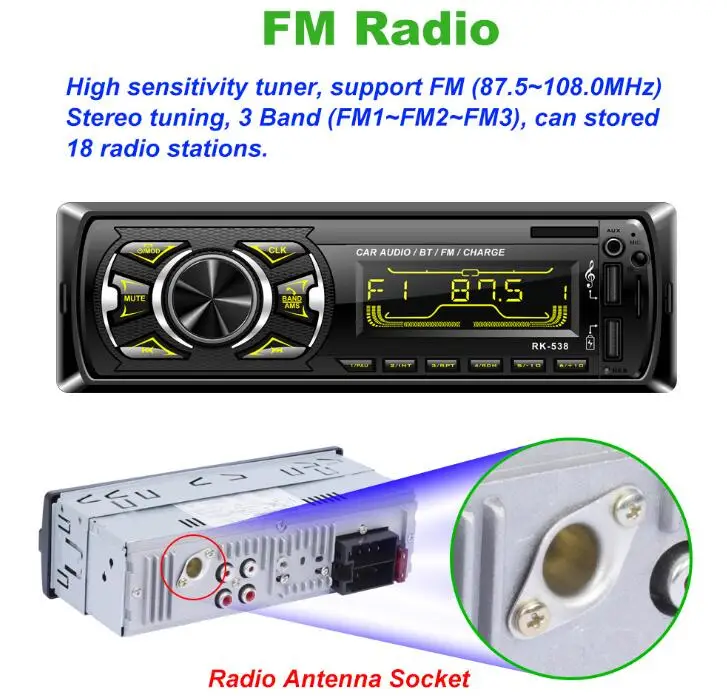 by DHL or Fedex 10pcs Car Radio Stereo Player Bluetooth Phone AUX-IN MP3 FM/USB/1 Din/SWC Remote/remote control 12V rk538