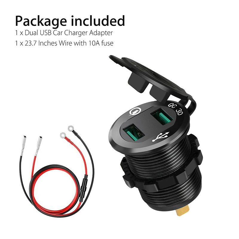 5V 3A Dual USB Car Charger QC 3.0 Cigarette Lighter Socket Splitter Quick Charger Power Adapter Outlet 10A Fuse Metal DC 12V/24V