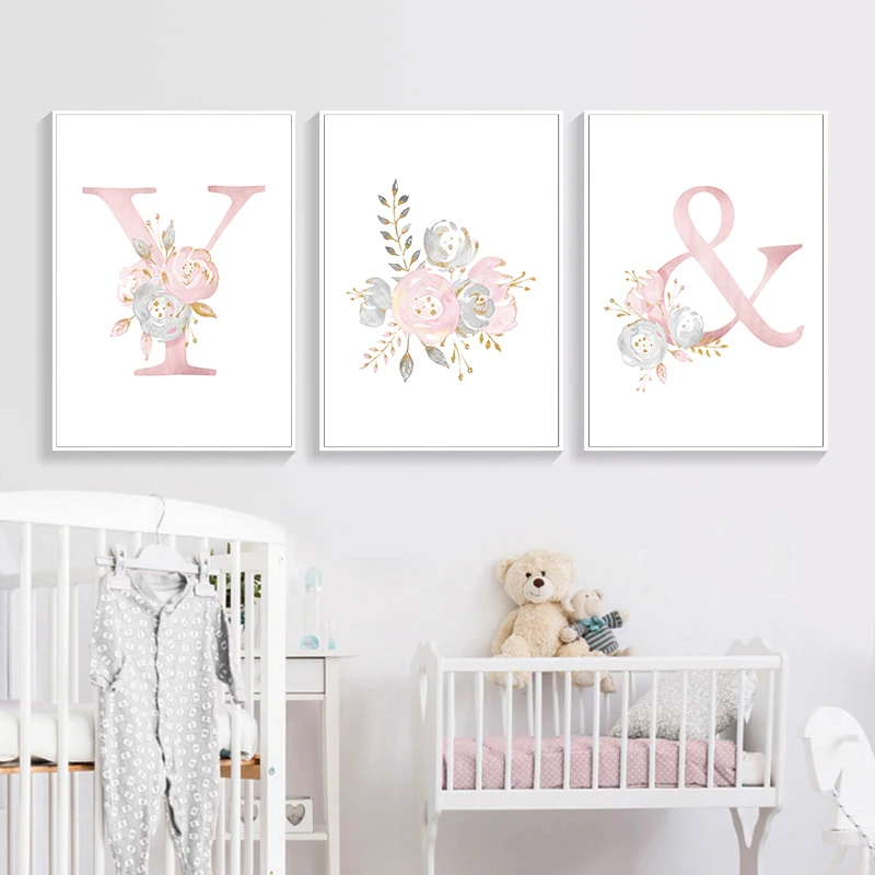 

Pink Flowers Initials Canvas Painting Posters and Prints Canvas Wall Art Paintings Nursery Decor for Kid Baby Bedroom Wall Decor