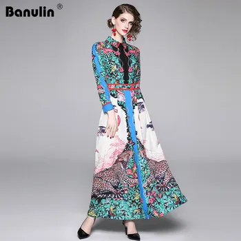 

Banulin Fashion Runway Maxi Dress Spring Summer Women's Long Sleeve Animal Pattern Floral Print Vintage Long Dress Vestidos