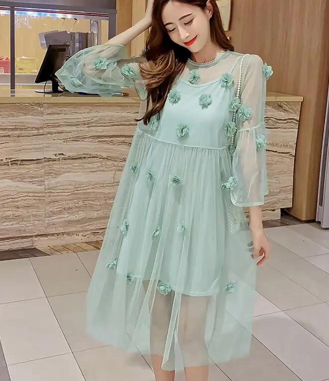 Ulzzang корейское милое модное богемное платье с цветочной аппликацией для отдыха Лето Элегантное макси свободное Сетчатое ТРАПЕЦИЕВИДНОЕ ПЛАТЬЕ Vestidos - Цвет: Зеленый