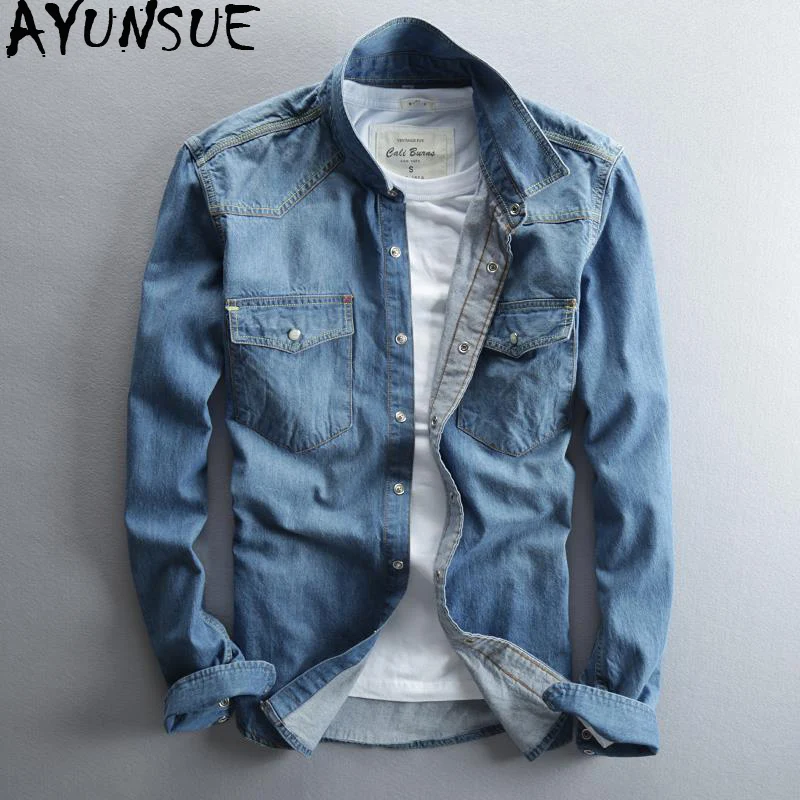 AYUNSUE Denim Shirt Men Fashion 2020 