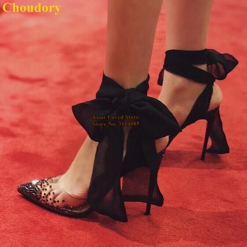 Прозрачные ПВХ блестящие свадебные туфли Choudory с кристаллами черные белые