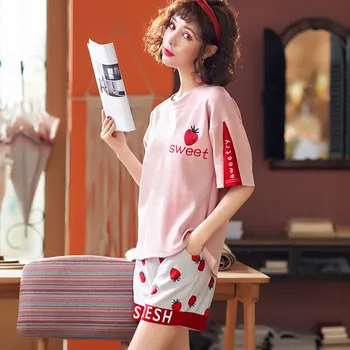 

New Summer Women's pajamas Sweet Strawberry Printed Nightwear Short-Sleeved Shorts Home Pajamas Set