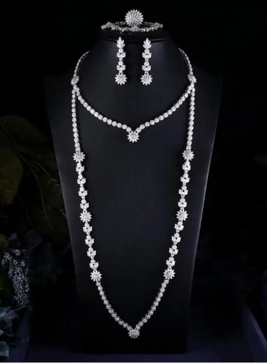 

Accking trendy Wedding Necklace Earrings For Women Accessories Flower Cubic Zirconia Bridal Jewelry Sets