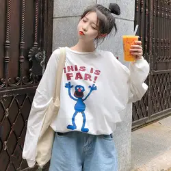 Женская футболка, Свободный корейский женский топ с круглым вырезом и мультяшным принтом, корейский стиль, плюс размер, Повседневная