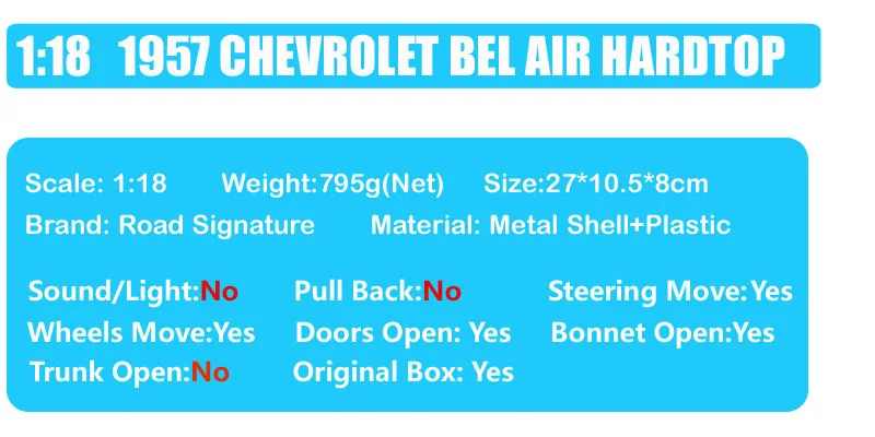 1/18 big Scale car classic old GM 1957 CHEVROLET BEL AIR HARDTOP diecast& vehicles Metal model POLICE cars toy miniature of boy