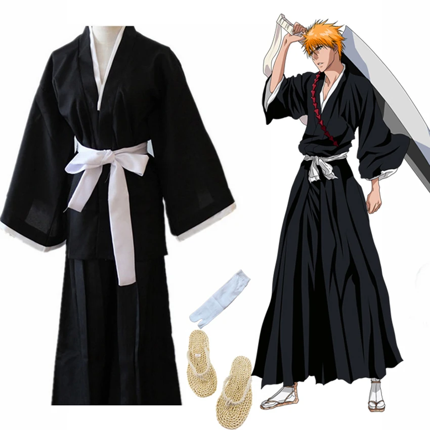 

Japanese Traditional Kimono Samurai Bleach Kurosaki Ichigo Cosplay Costumes Robe Gown With Straw Sandals Naruto Luffy