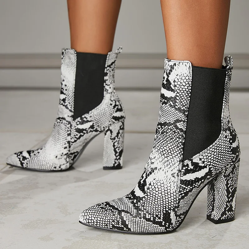 

2020 Women Ankle Boots 11.5cm 9.5cm Block High Heels Stretch Plus Size 42 Punk Boots Heels Chunky Snake Skin Winter Bootee Shoes