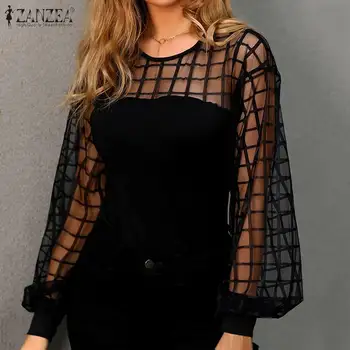 

2020 ZANZEA Women Summer Mesh Sheer Blouse Puff Sleeve Shirt Female Patchwork Blusas Femininas Chemise Casual Sexy Black Tops