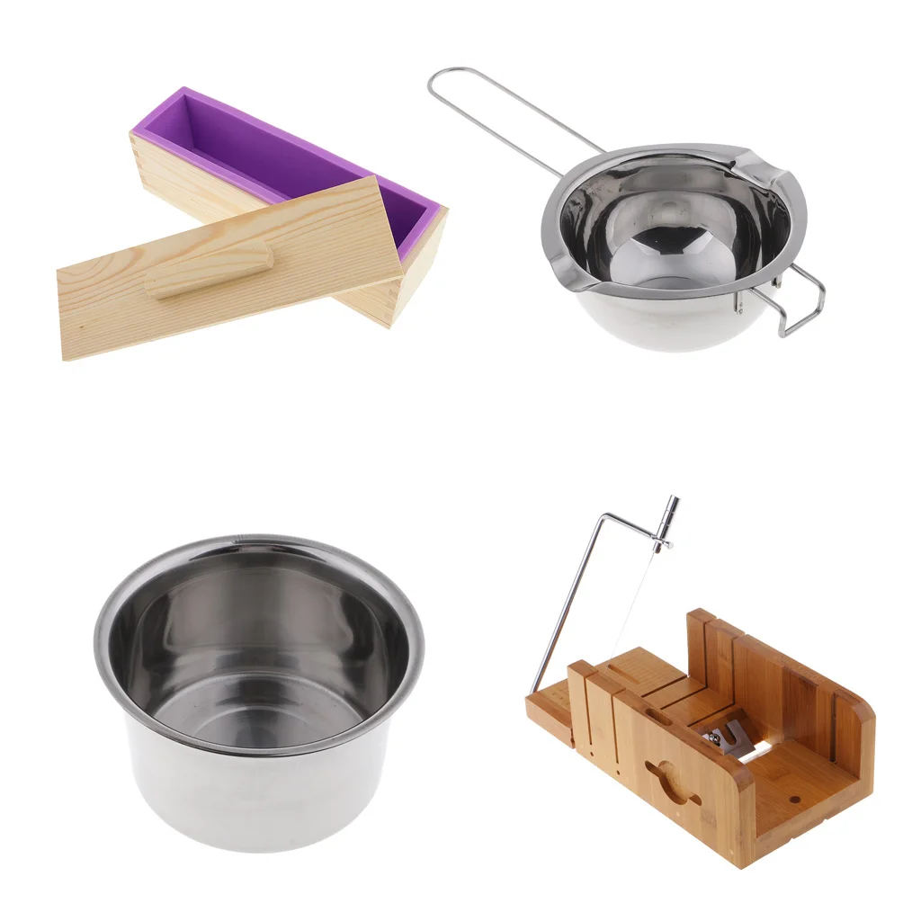 4x Wood Stainless Steel Soap Cutter with Beveler & Wire Slicer + Rectangle Silicone Soap Making Loaf Mould 900ml + Double Boiler