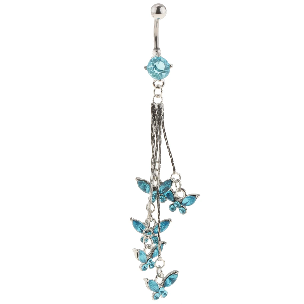 14G Crystal 5 Tassels Butterfly Dangle Belly Button Navel Piercing Ring