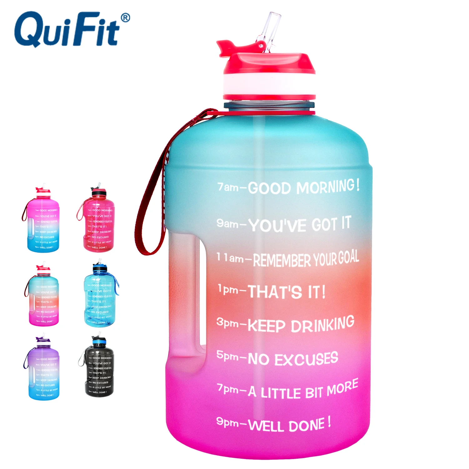 QuiFit-botella de agua de 3,78l, 2,2 L, 1,3 L, 128oz, galón, con pajita de plástico transparente, herramienta de gimnasio, jarra, taza deportiva gratis de BPA