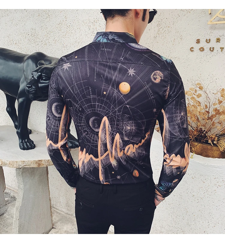 Повседневная приталенная мужская одежда Camisa Masculina, уличная сорочка Homme Manche Longue с принтом, мужская рубашка с длинными рукавами