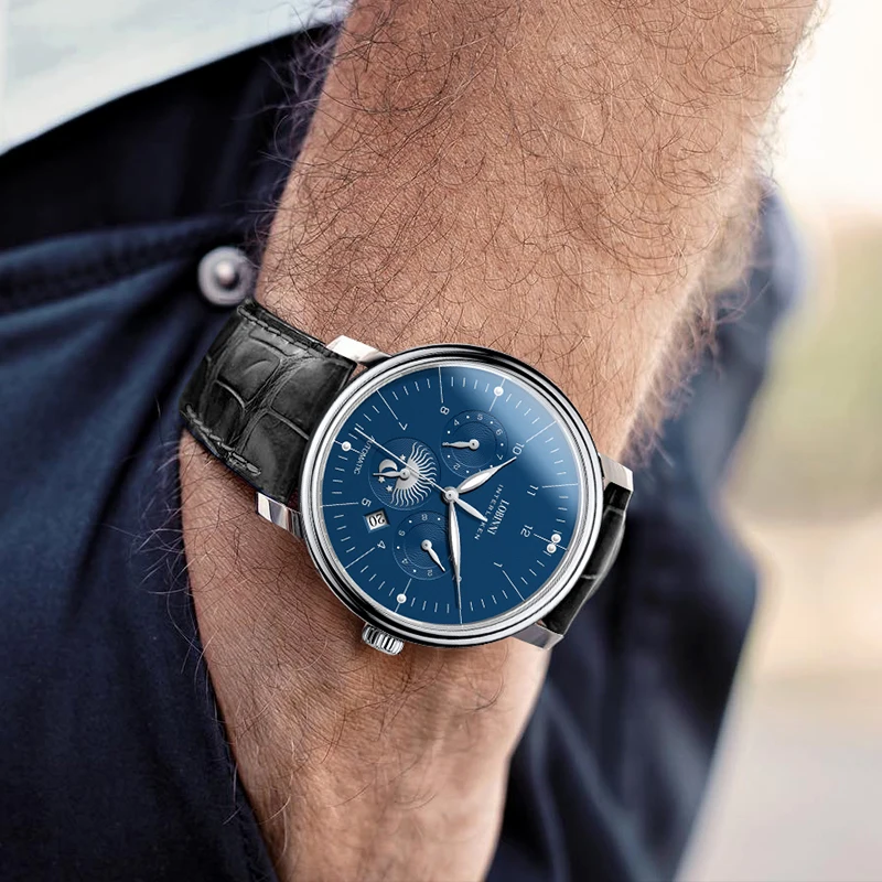 Luxury Brand Switzerland LOBINNI Seagull Automatic Mechanical Men's Watches Sapphire Leather Multi-function Waterproof L15008-2