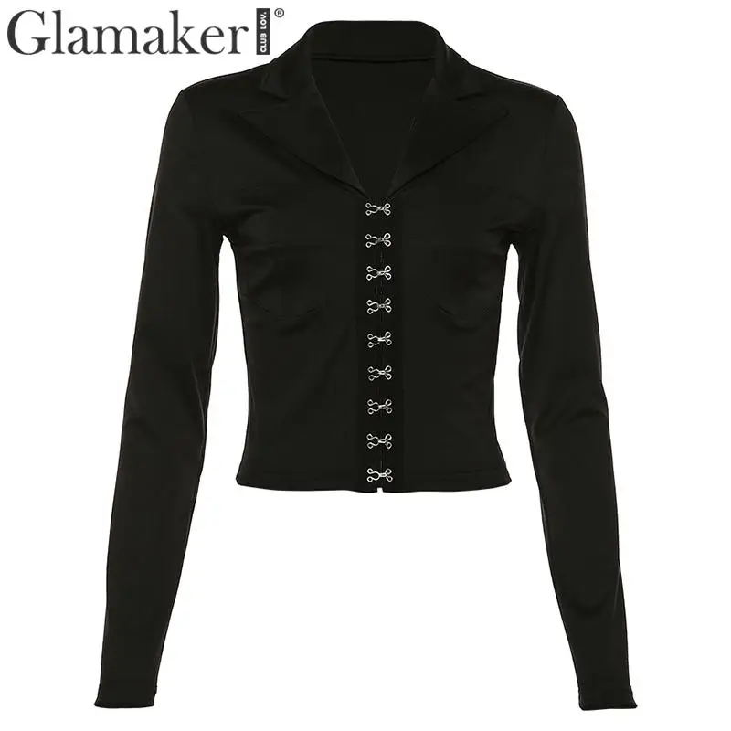 Glamaker, вязанная черная блузка с v-образным вырезом, женские тонкие элегантные Короткие топы, рубашка, женские осенние, зимние, вечерние, Клубные, сексуальные, на бретелях, блузка - Цвет: Черный