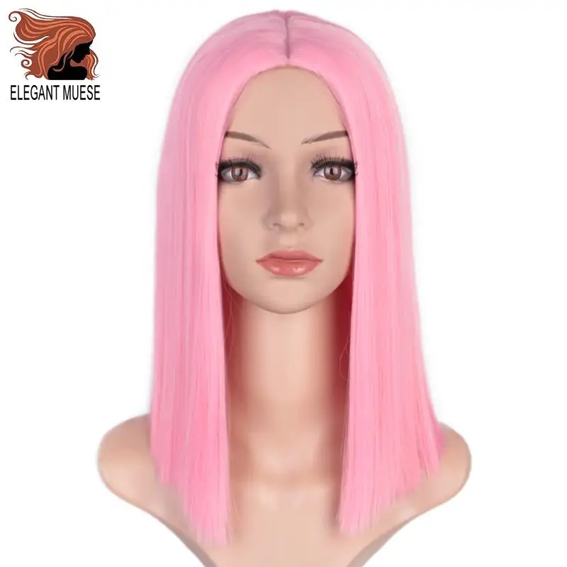 

ELEGANT MUSES Synthetic Wigs Short Straight Bob Purple Yellow Orange Pink For Women 12 Inch Middle Part Glueless Cosplay Wigs