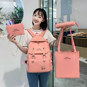 

2020 New 4Pcs/set Canvas School Bag For Teenagers Girls Student High Quality Women Travel School Backpacks Female Book Bags