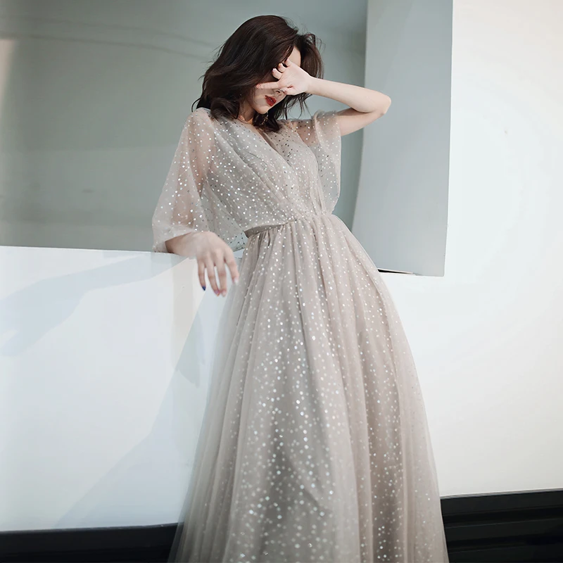 Vestido de festa, платья для выпускного вечера с v-образным вырезом,, Тюлевое Платье трапециевидного силуэта с блестками, Платья для вечеринок с коротким рукавом