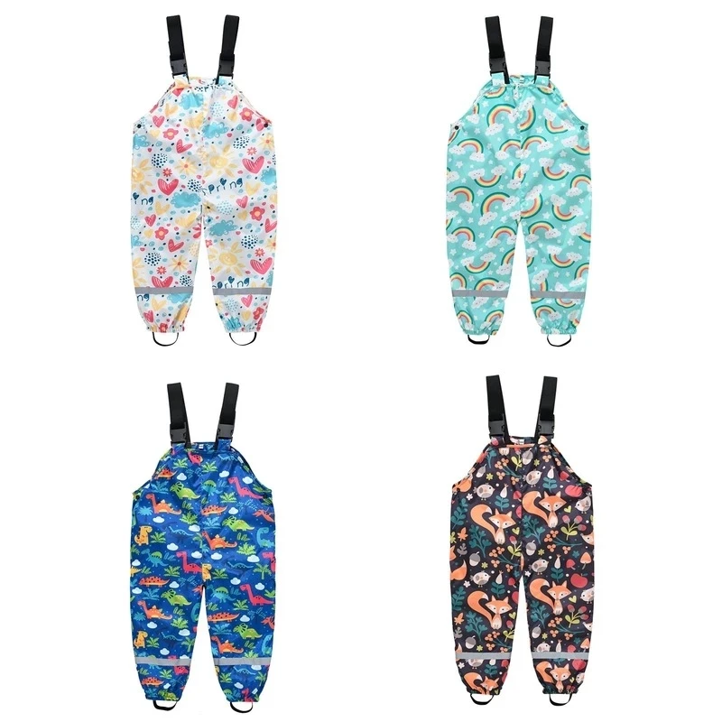 Cartoon Children Overalls Kids Rain Dungarees Windproof Waterproof Suspender Pants Boys and Girls Overalls Rain Pants for 2-11Y
