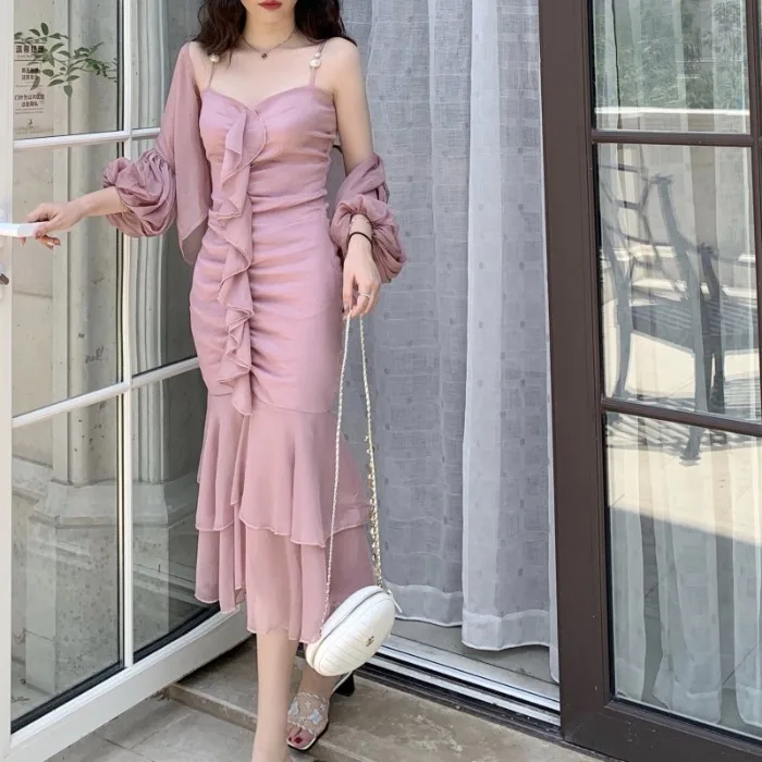 

2019 Korean Style Flounced Camisole Chiffon Dress Women's Slim Fit Slimming Mid-length Skirt Summer Sun-resistant Cardigan