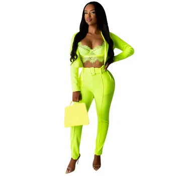 

Women Casual Solid Two Pieces Sets Short 2019 Autumn Sashes Blazers Coats Long Pants Set Female Long Sleeve Pant Suits