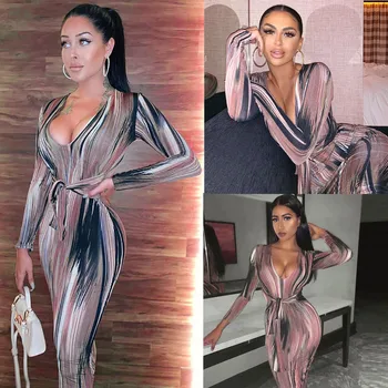 

Sexy Deep V-Neck party dresses women evening 2019 Women's Printing dress Long Sleeve Party Bandage Dress Long Dress vestidos#45