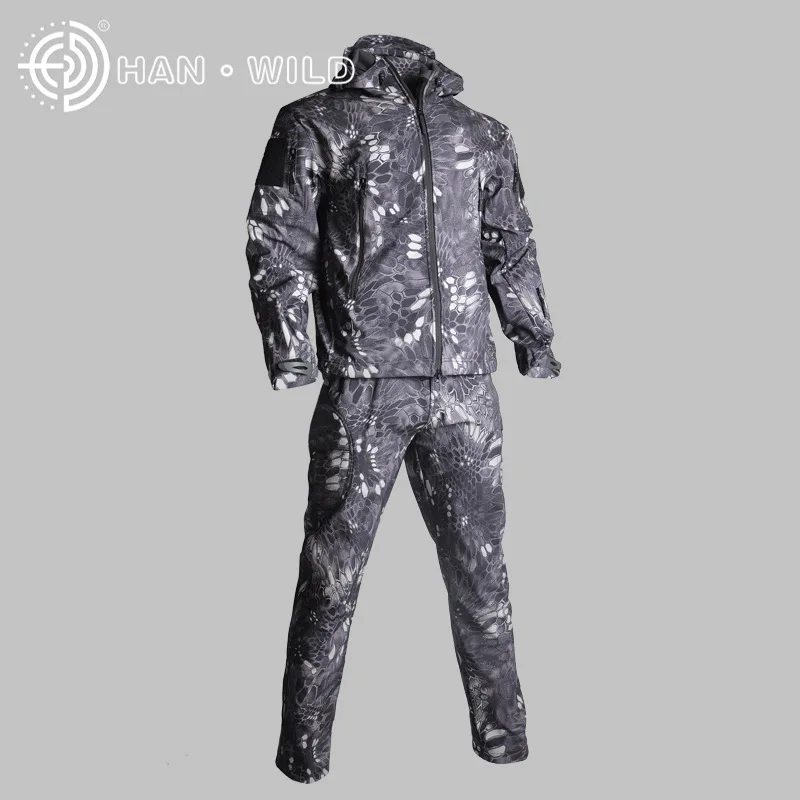 TAD тактическая Мужская армейская охотничья одежда походный туристический костюм камуфляж Sharkskin военный, из мягкой ткани водонепроницаемая куртка с капюшоном+ брюки - Цвет: Black Python