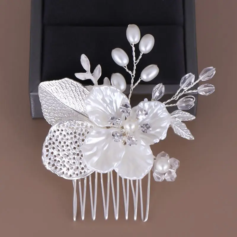 

Simple Artificial Pearl Hair Comb Hand-woven Leaves Flower Headdress Bride Wedding Tiara Jewelry Hairpin Y4QB