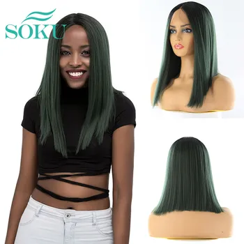

Green Lace Front Synthetic Hair Wig SOKU Yaki Straight Lace Wigs Middle Part Bob Wigs For Black Women 150% Density