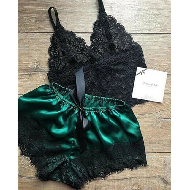 Women pajamas Lace Sexy Lingerie Sleepwear Nightdress Tops Shorts Set Women's Home Dresses Babydoll Yoga Underwear Nightgown Green