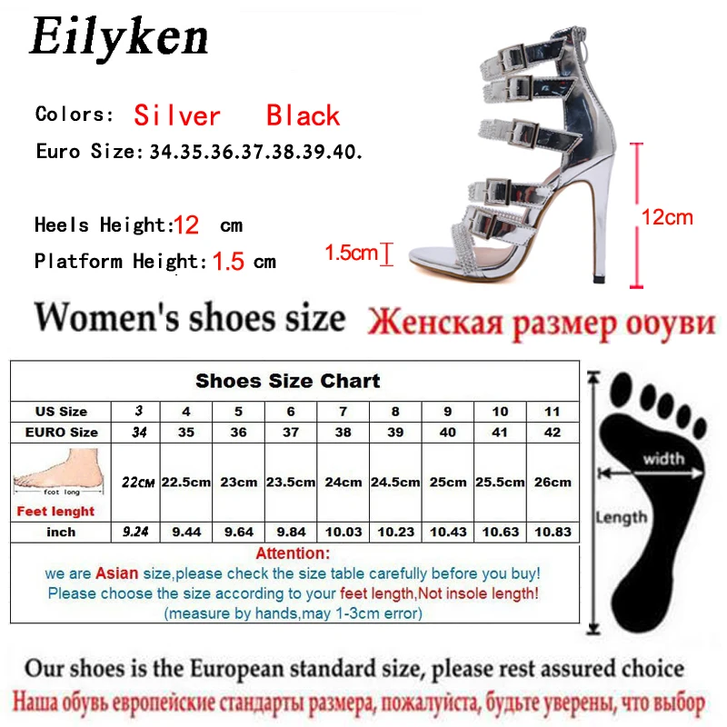 Eilyken; летние модные женские босоножки на высоком каблуке со стразами; туфли-лодочки на молнии с открытым носком; сандалии-гладиаторы; пикантная обувь для вечеринок с ремешком и пряжкой