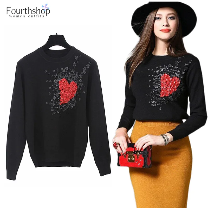 Пуловер женский вязаный с цветочной аппликацией и бисером Осень-зима 2019 | Женская