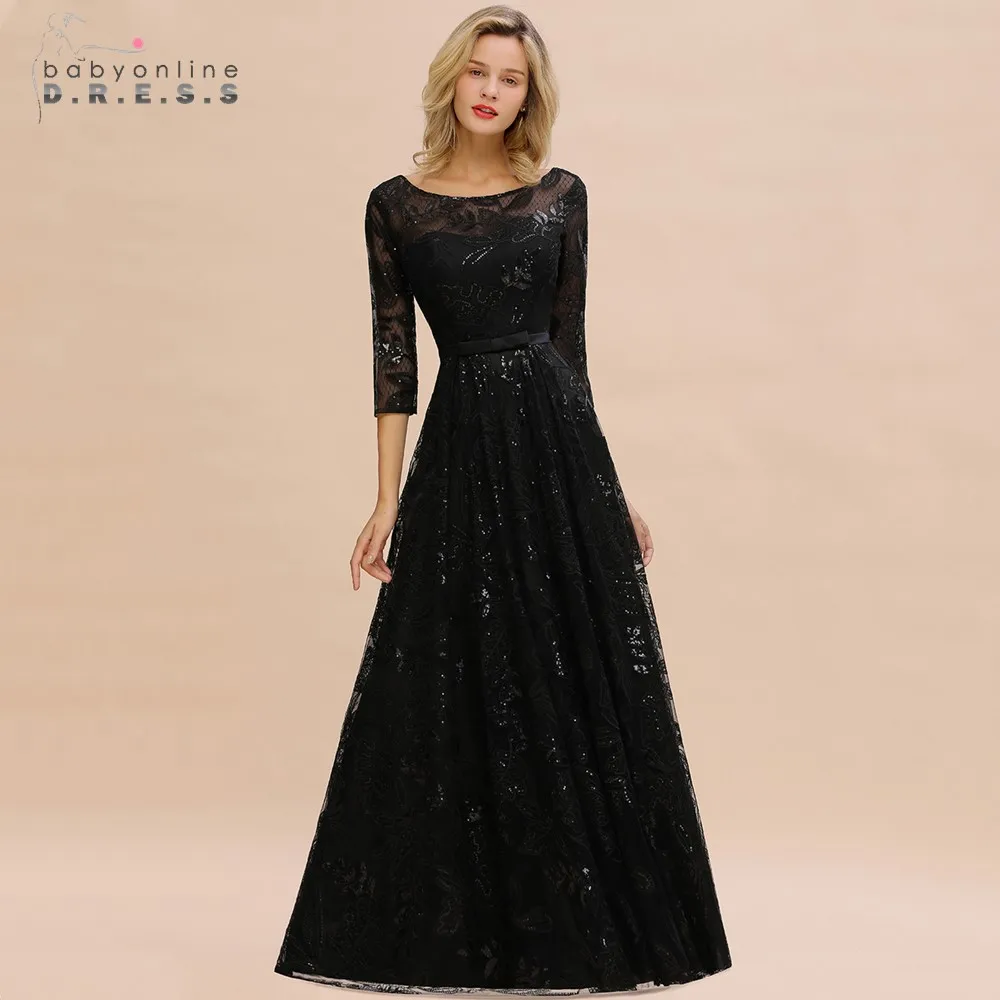 

New Arrival 2020 Black Lace Long Evening Dress A-line Sequins Evening Gowns 3/4 Sleeves Fomal Gowns Robe de Soiree Longue
