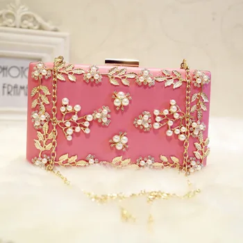 

Creative Small Square Bag New Shoulder Crossbody Bag Fashion Female Evening Bag Leaf Pearl Banquet Bag Chain Clutch