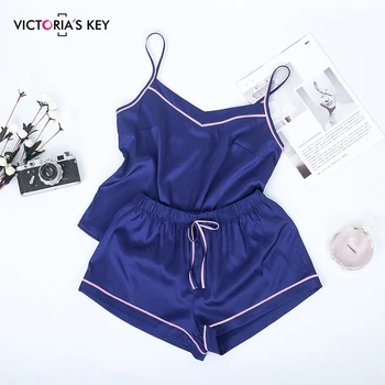 

Suphis Contrast Stripe Side Navy Cami Top Satin Shorts Suits Female Summer Home Clothes Women Pajama Set Sexy Sleepwear