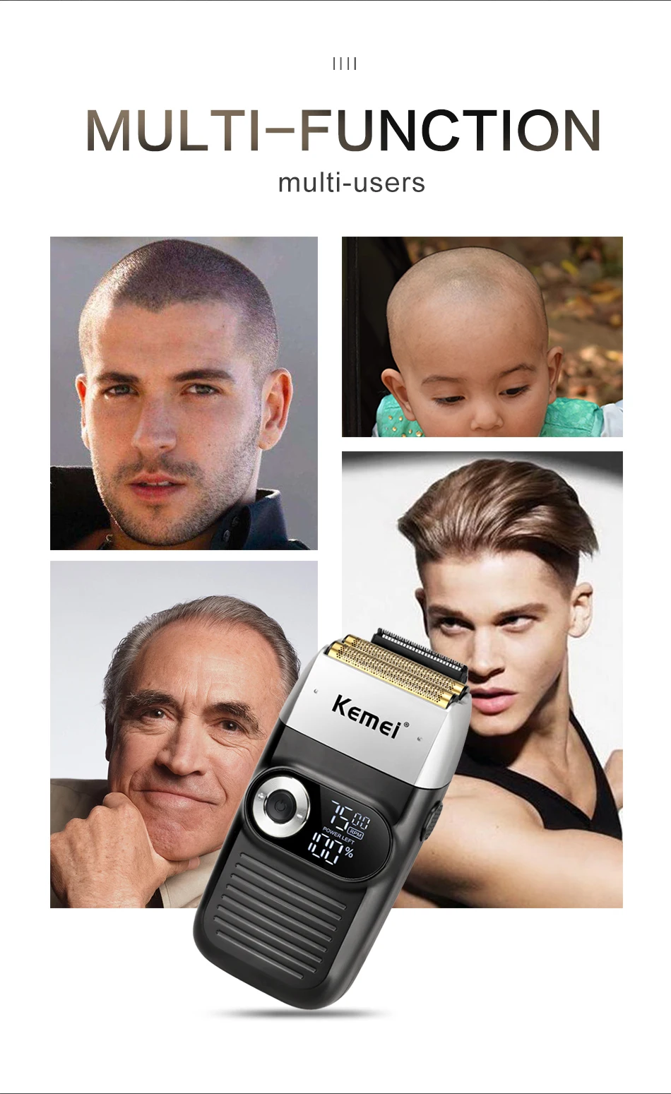Portátil sem Fio Aparador de Barba 2 em 1 Kemei Recarregável Barbeador Elétrico Display Lcd Homem Alternativo Navalha 3 KM-2026?????_03