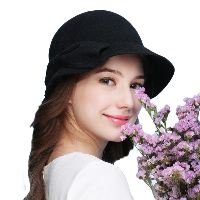 Black FS элегантные женские шерстяные войлочные шляпы-федоры, зимние теплые шапки с широкими полями и бантом, модные красные, черные, серые праздничные колпаки, 5 цветов - Цвет: Black