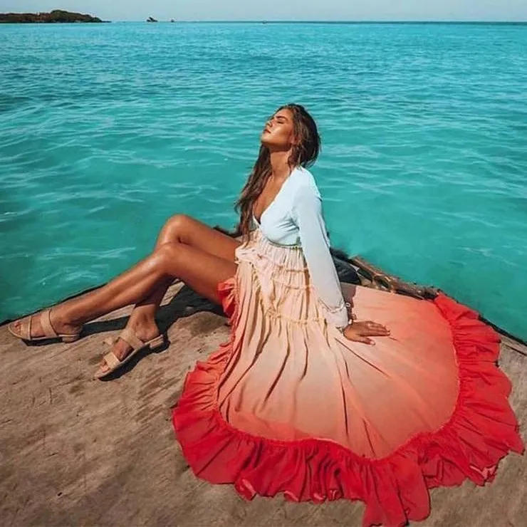 

Summer Casual Boho Maxi Dress Gradient Rainbow Ruffles Pleated Beach Irregular Dress V-Neck Mesh Chiffon Sundress