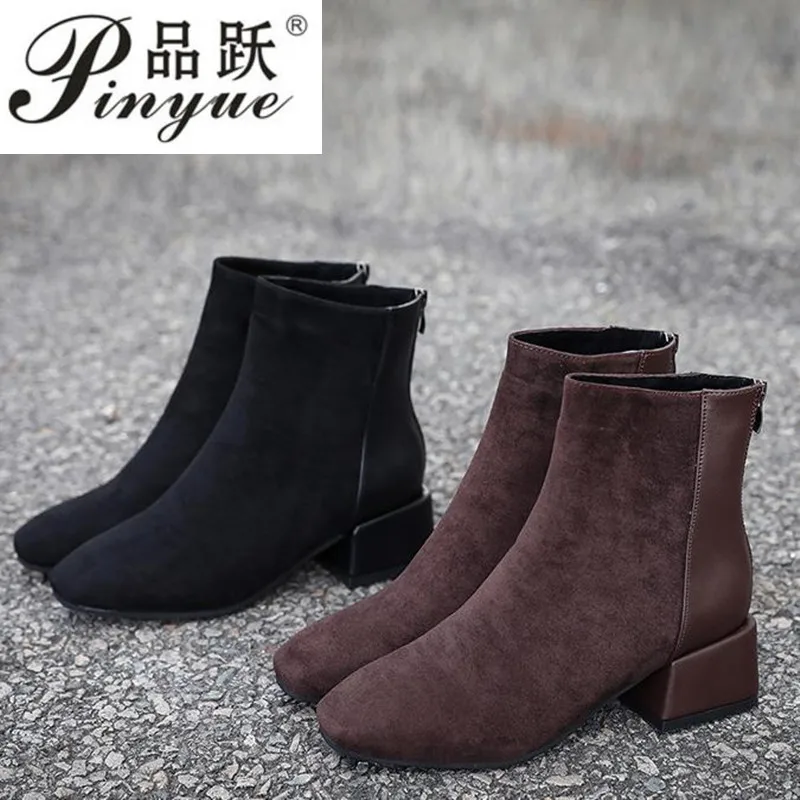 

Patchwork Suede&Leather Brown Boots Women Winter Plush Fur Booties Ankle Shoes Thick Heels Martin Snow Botas